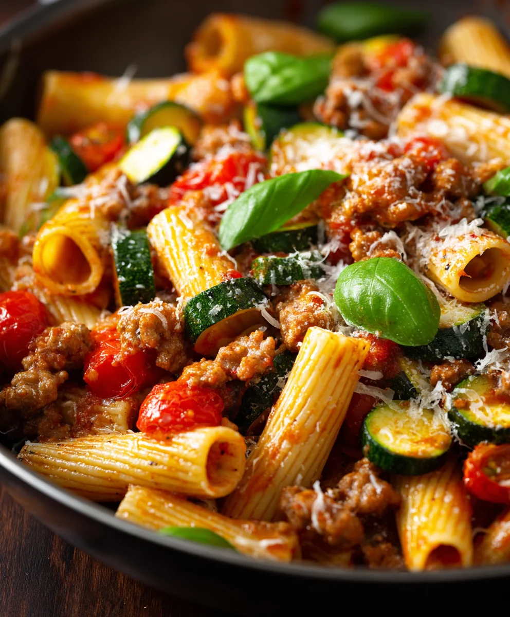 Hearty Rigatoni with Beef Sausage, Tomatoes & Zucchini