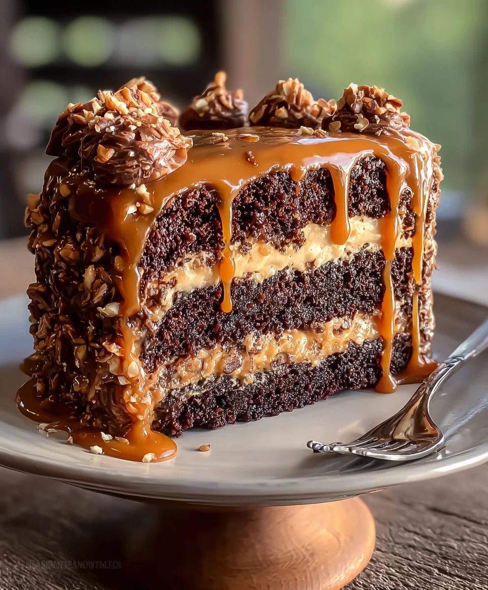 Decadent German Chocolate Cake with Caramel Drizzle