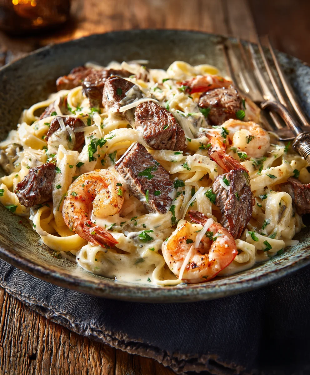 Creamy Steak Shrimp Alfredo - Perfect Weeknight Meal