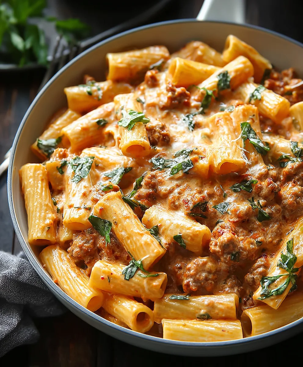 Easy Creamy Beef Sausage Rigatoni One-Pot Meal
