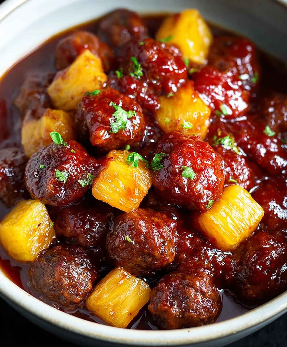Slow Cooker Beef Meatball Pineapple Smokies - Easy Appetizer