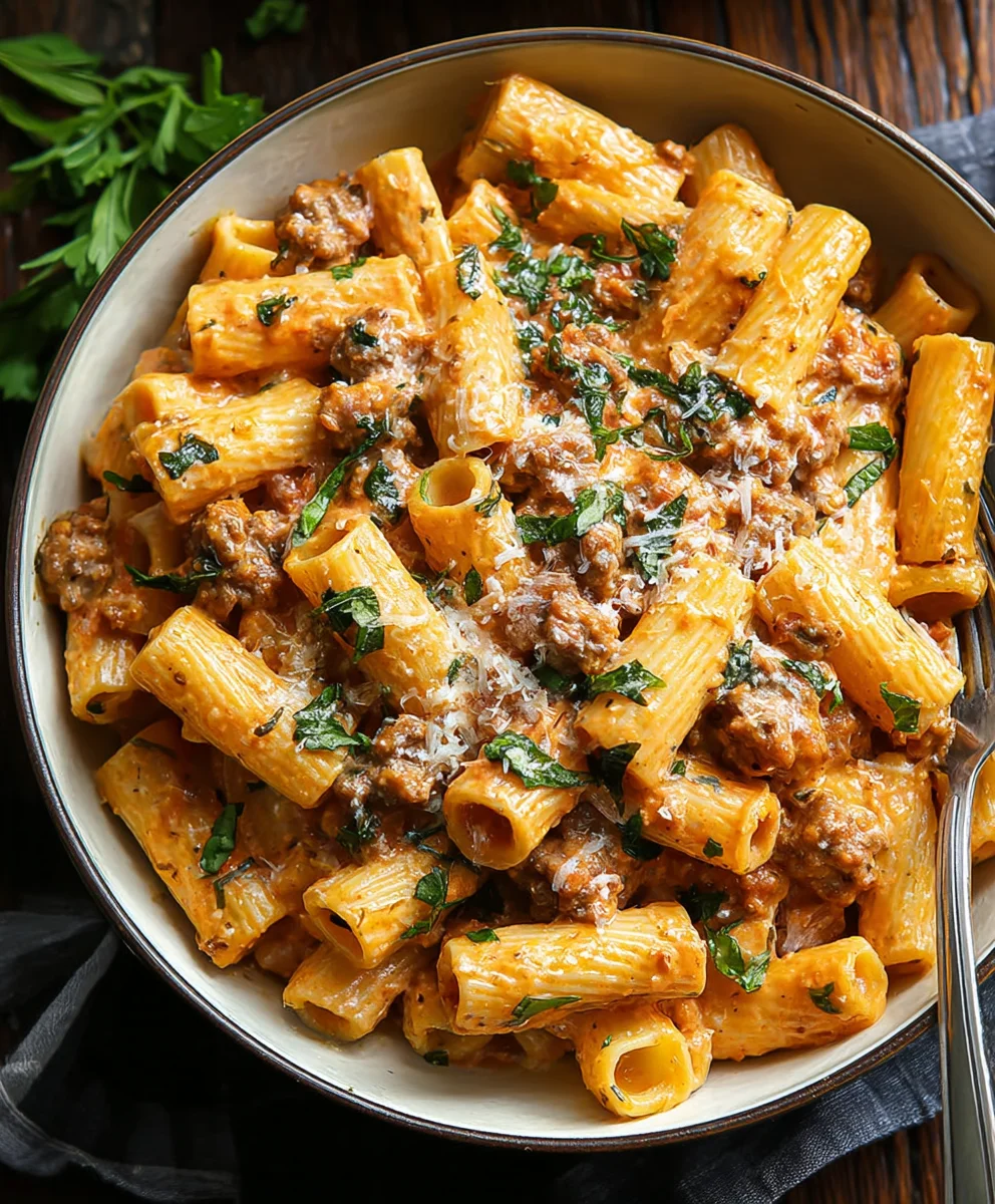 Easy Creamy Beef Sausage Rigatoni One-Pot Meal