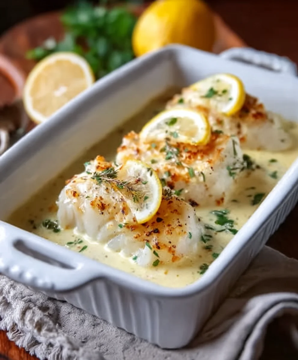 Baked Cod Coconut Lemon Cream Sauce - Easy & Delicious