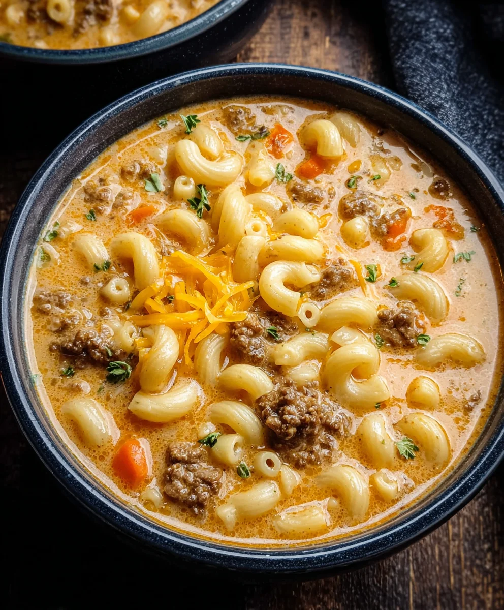 Cheeseburger Macaroni Soup- Creamy Beef Comfort Recipe