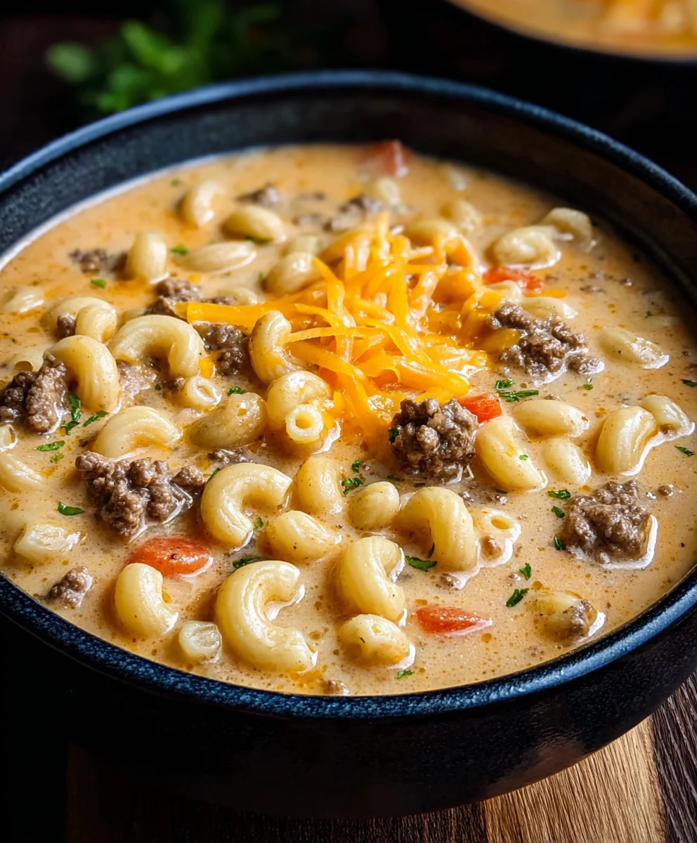 Cheeseburger Macaroni Soup- Creamy Beef Comfort Recipe