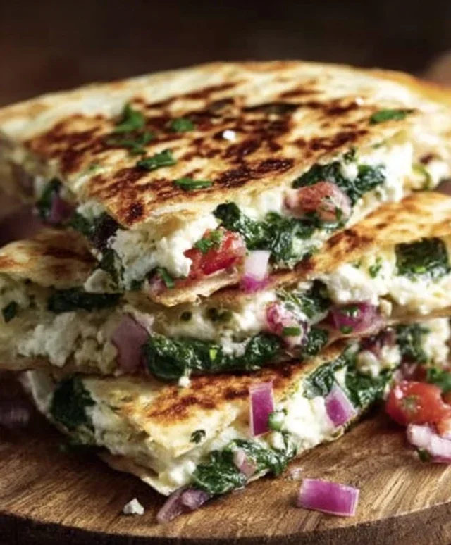 Mediterranean Quesadillas with Spinach, Feta, Mozzarella, and Red Onion