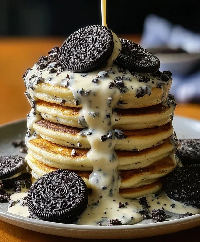 Oreo Pancakes with Cream Cheese Drizzle