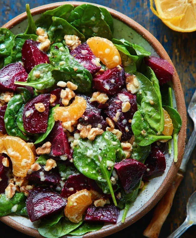 Beet Salad with Spinach and Honey-Mustard Lemon Dressing