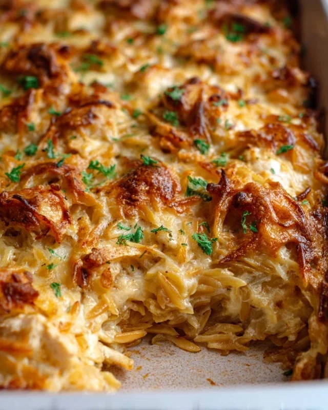 French Onion Chicken Orzo Casserole