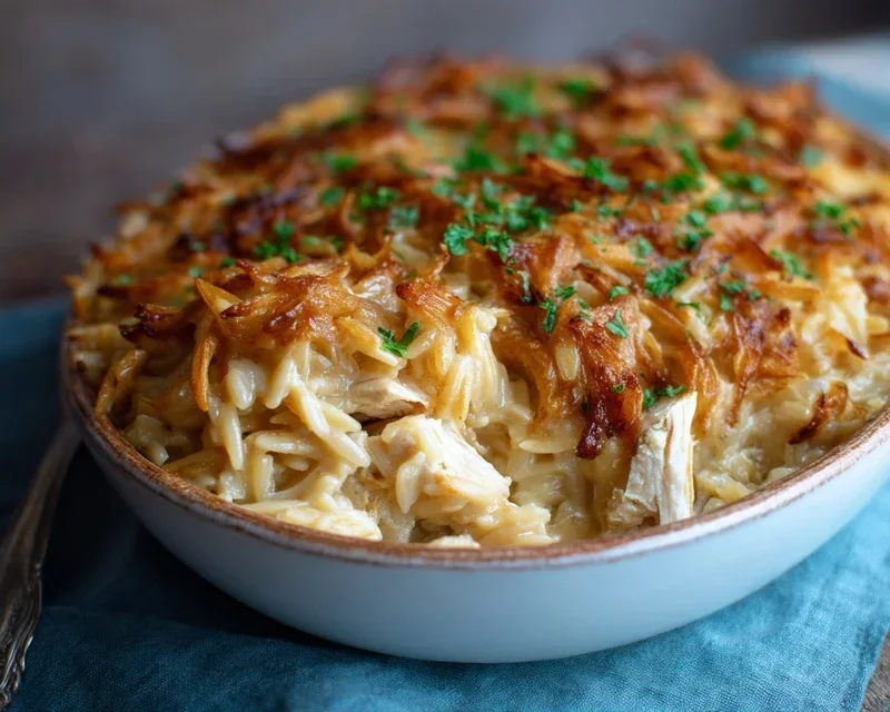 French Onion Chicken Orzo Casserole