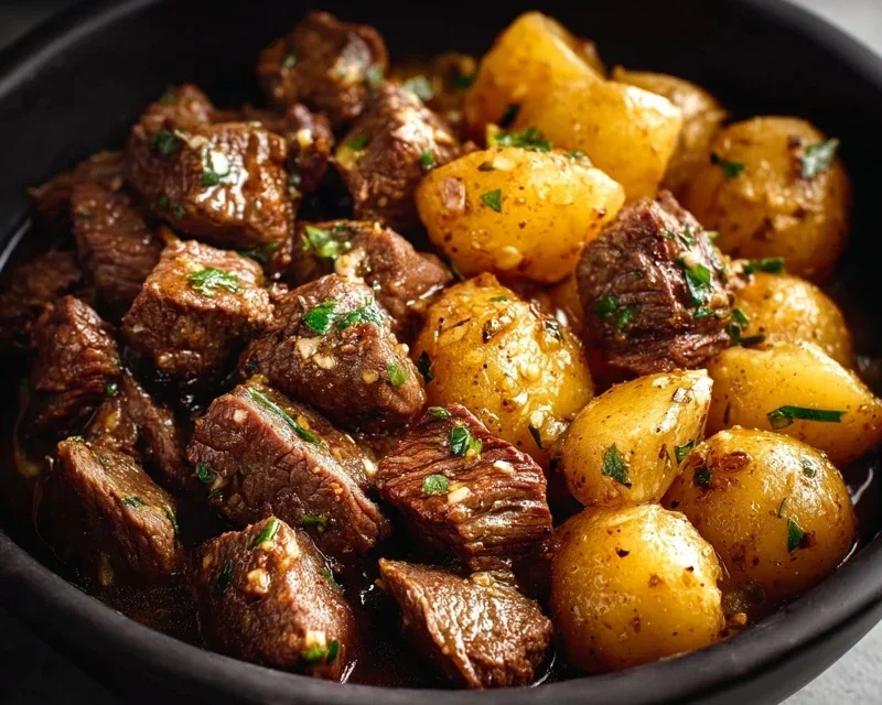 Slow Cooker Garlic Butter Beef Bites with Potatoes