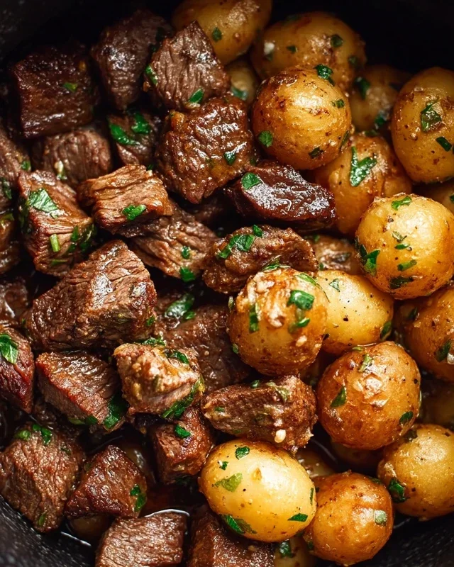 Slow Cooker Garlic Butter Beef Bites with Potatoes