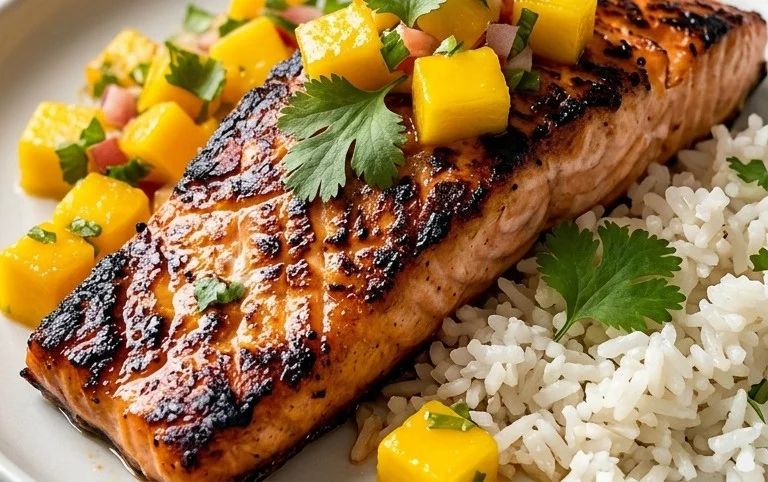 Grilled Salmon with Mango Salsa and Coconut Rice