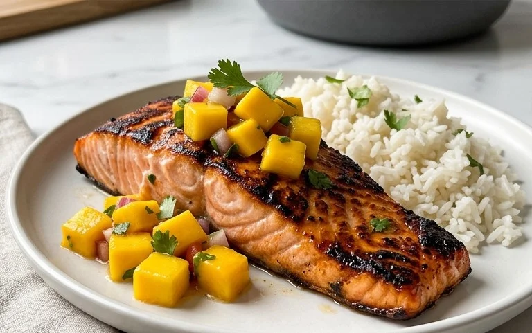Grilled Salmon with Mango Salsa and Coconut Rice