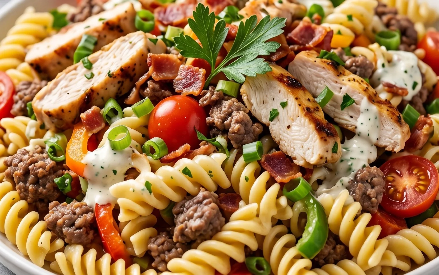 Chicken Beef Bacon Ranch Pasta Salad