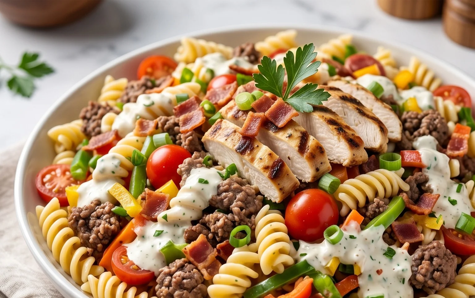 Chicken Beef Bacon Ranch Pasta Salad