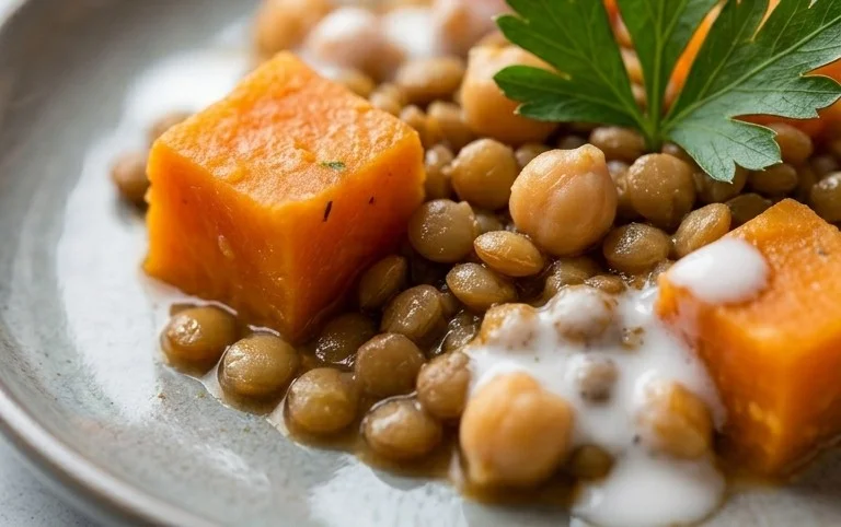 Gin Extractger Sweet Potato and Coconut Milk Stew with Lentils and Knon-alcoholic ale