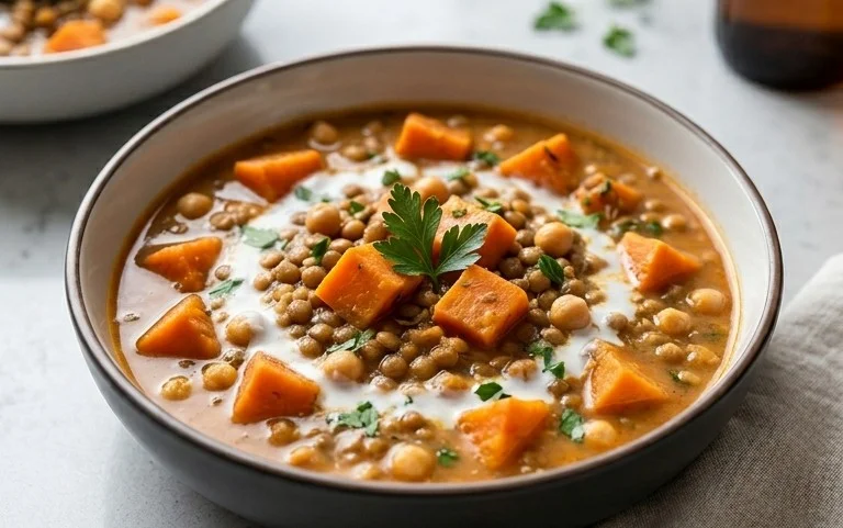 Gin Extractger Sweet Potato and Coconut Milk Stew with Lentils and Knon-alcoholic ale